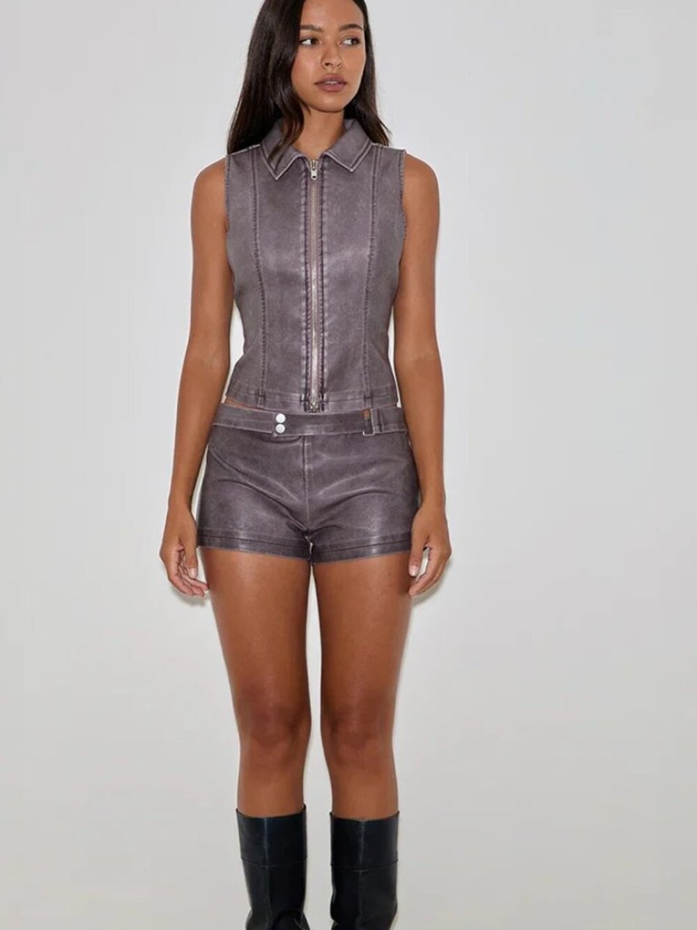 Motel Rocks Purple Faux Leather Vest & Low Rise Shorts Two Piece Set M